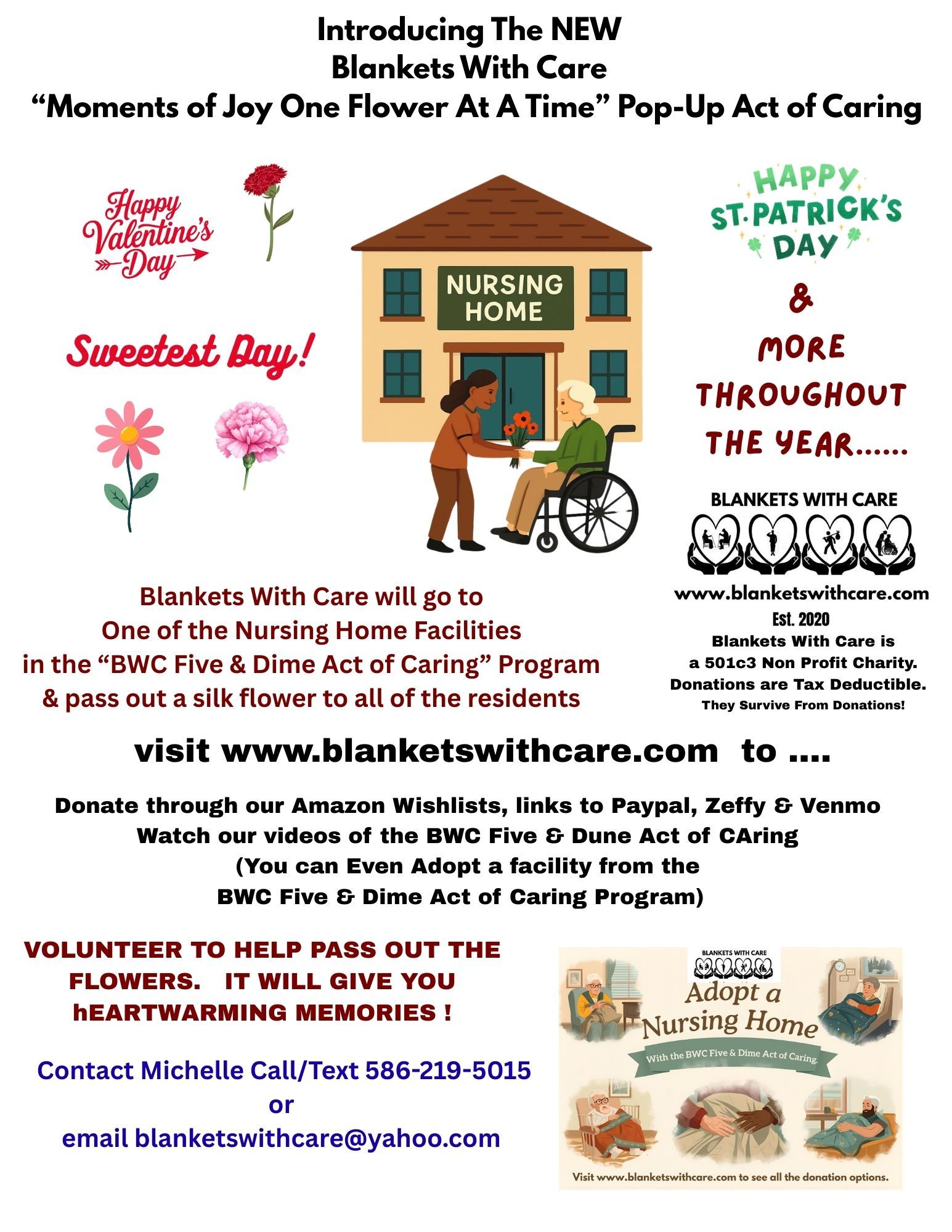 Advertisement for Blankets With Care, showing flowers, a nursing home, and volunteers.