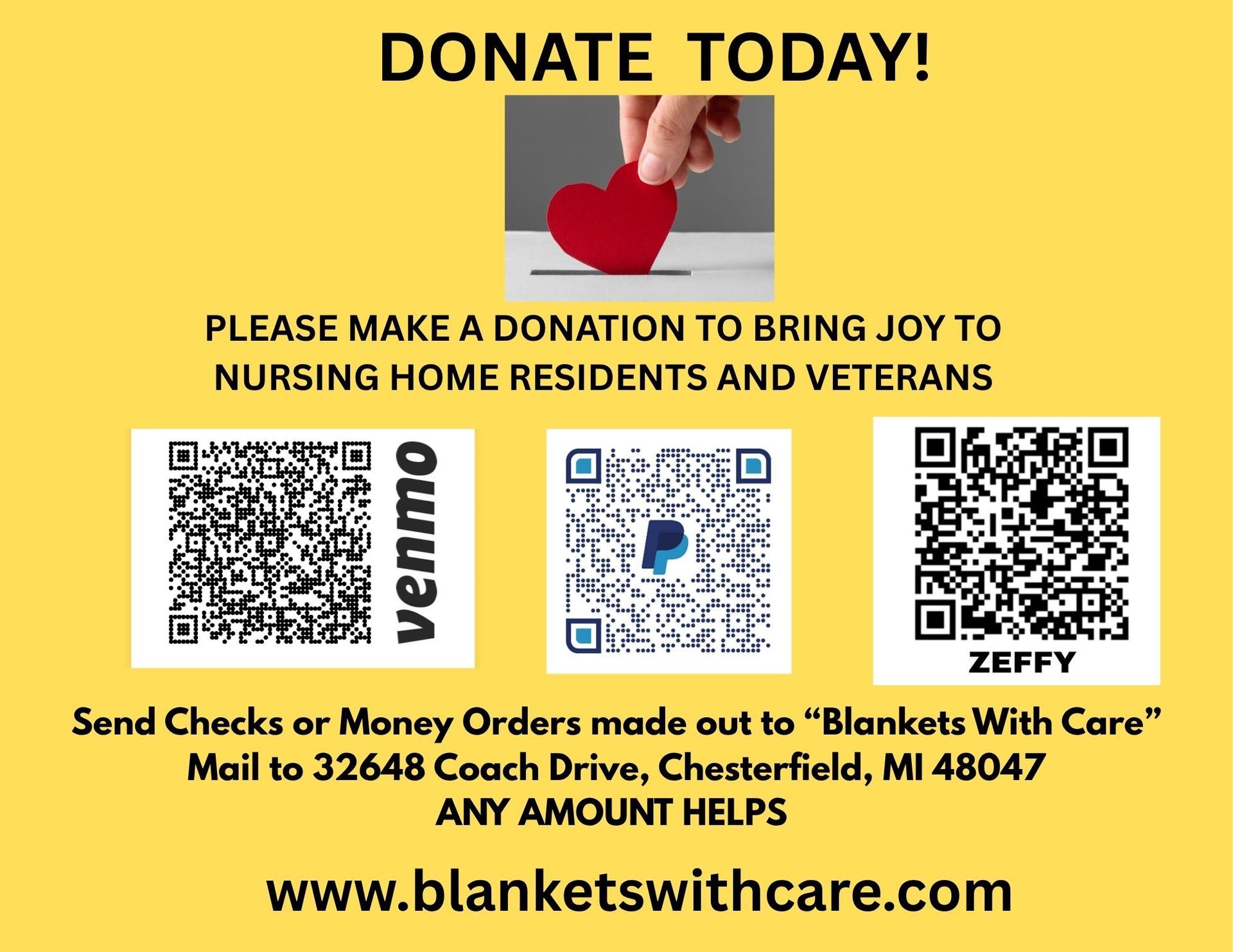 A poster that says `` donate today '' with two hands holding a heart.