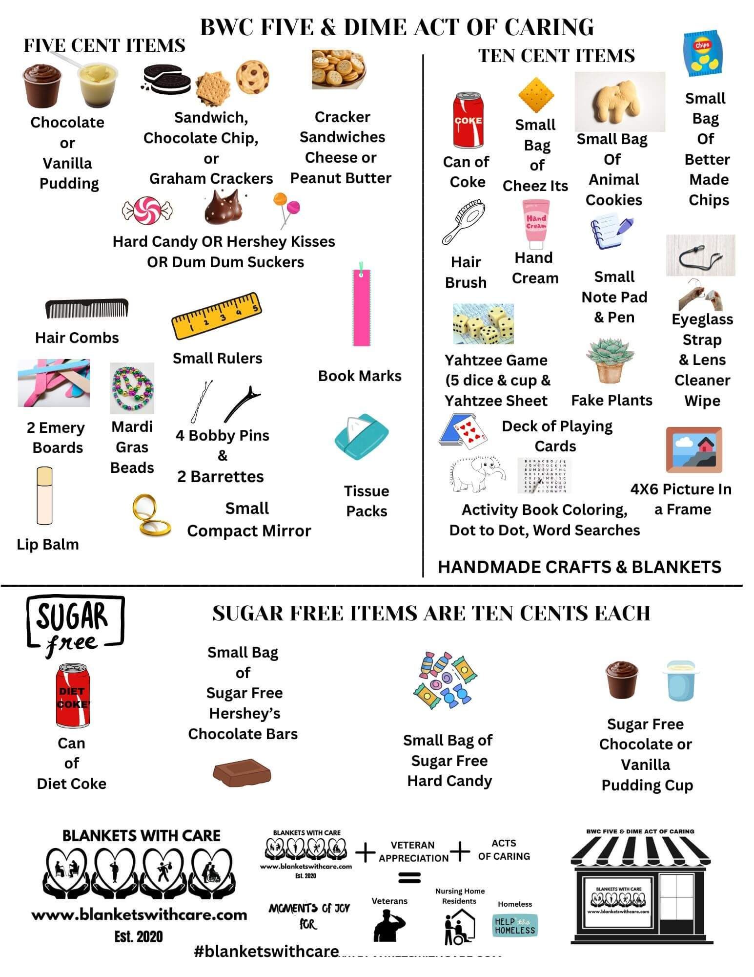 HWC Five & Dime Act of Caring: Price list of items at five and ten cents, sugar-free options, and blankets.