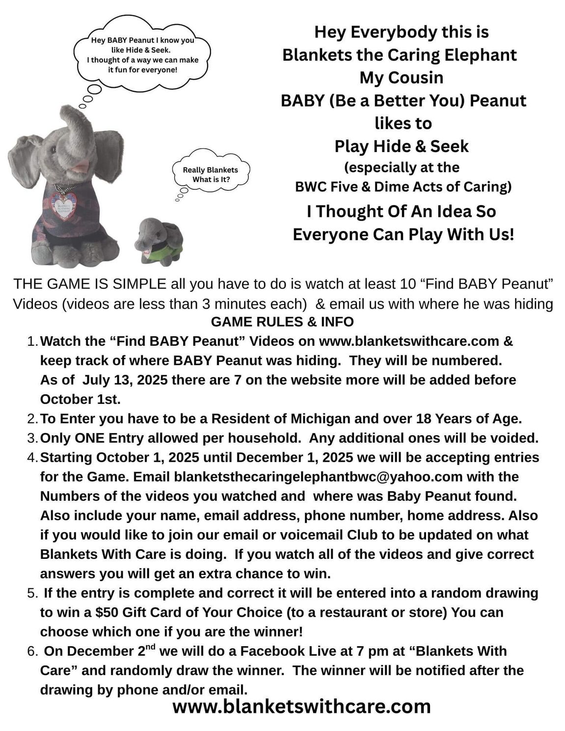 A stuffed elephant is sitting on top of a white sheet of paper.
