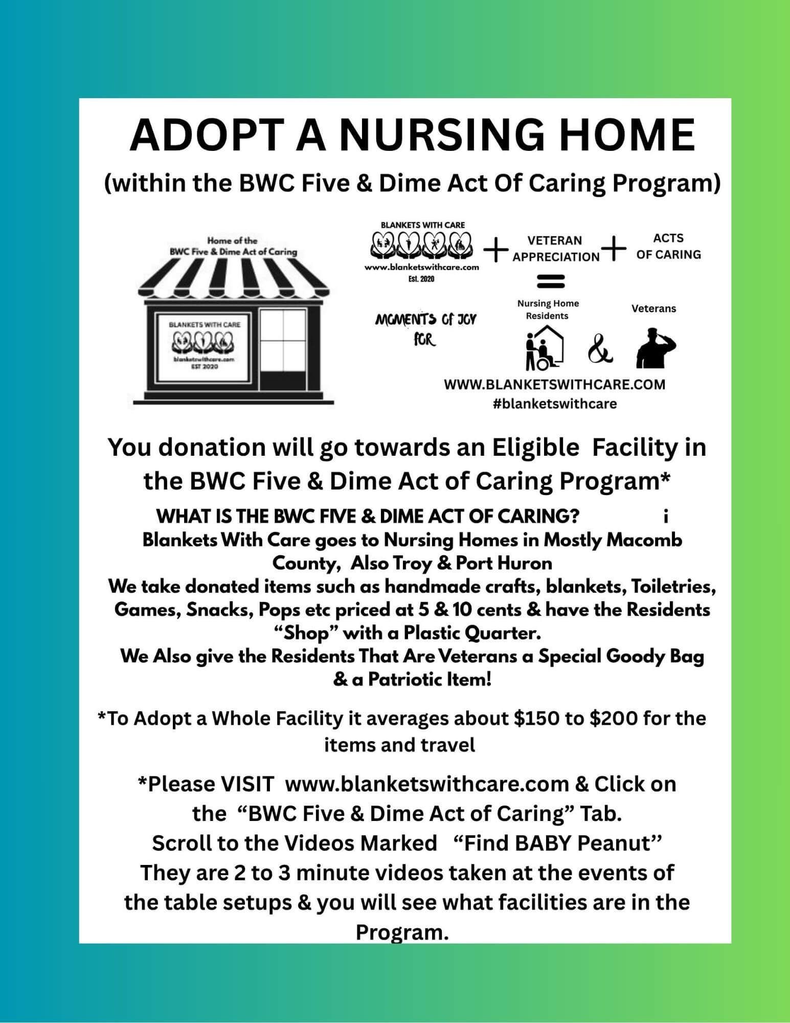 Poster to adopt a nursing home with text and logos, plus facility info, program details and website.