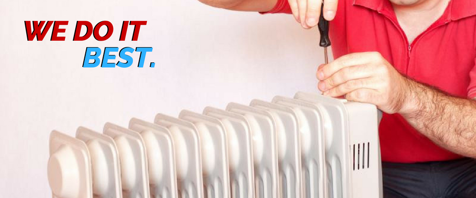 A person in a red shirt uses a screwdriver to repair a white oil-filled radiator heater. Text says 