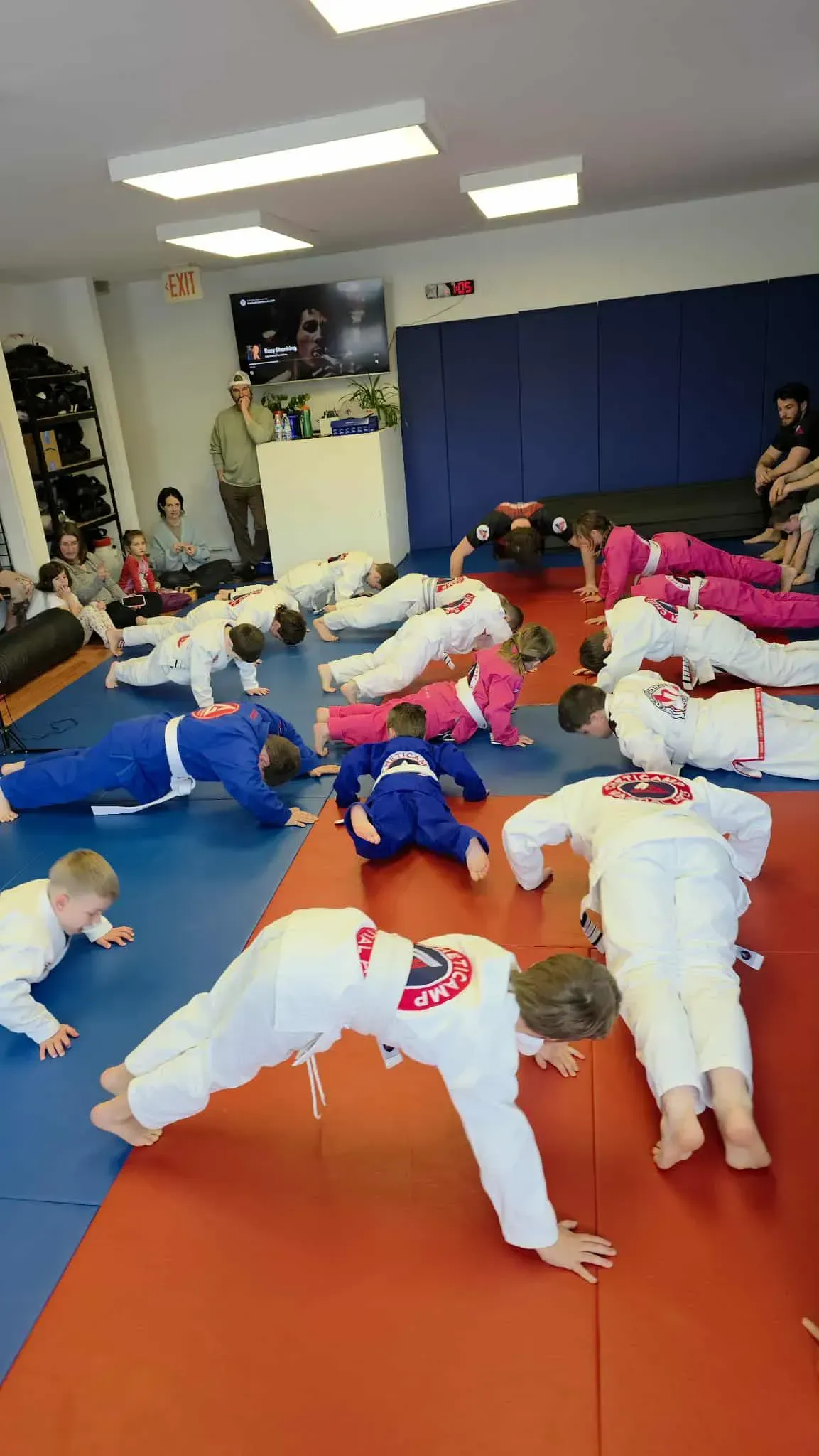 Children doing push-ups on mats in a martial arts studio in Cheticamp with blue walls and red flooring
