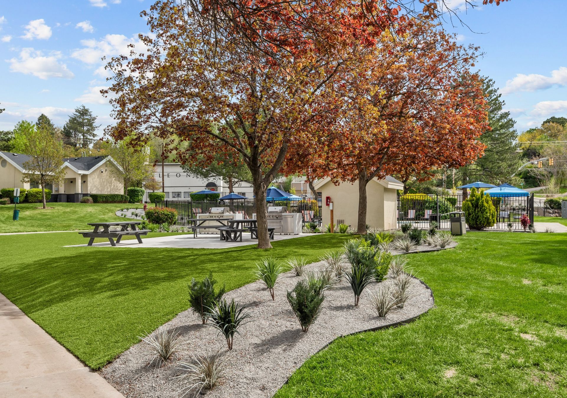 A park with a picnic table and a tree in the middle of it.