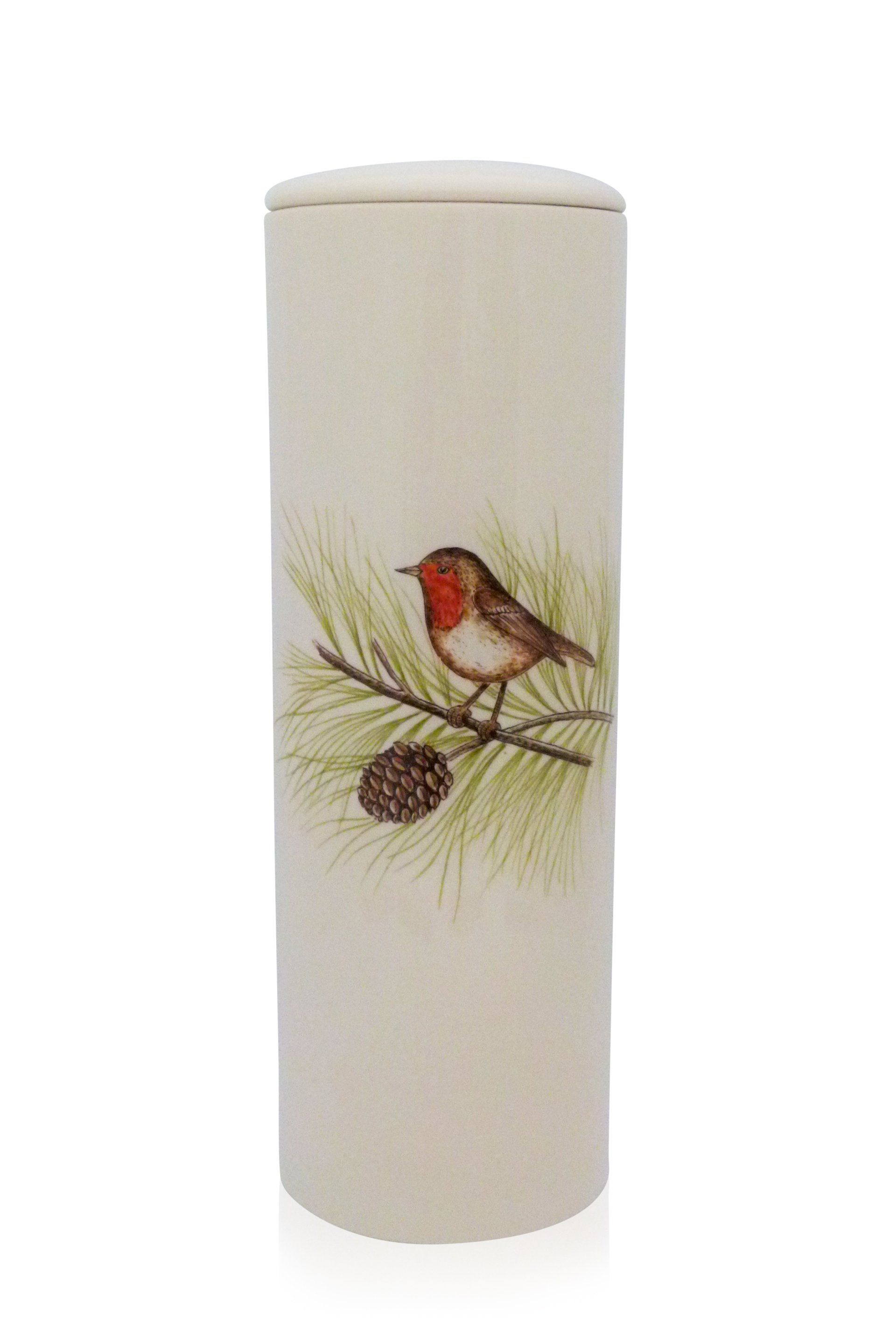 Hand painted cylinder urn Robin