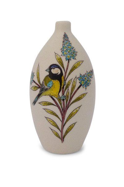 hand painted cremation urn Great Tit with Forget-me-not