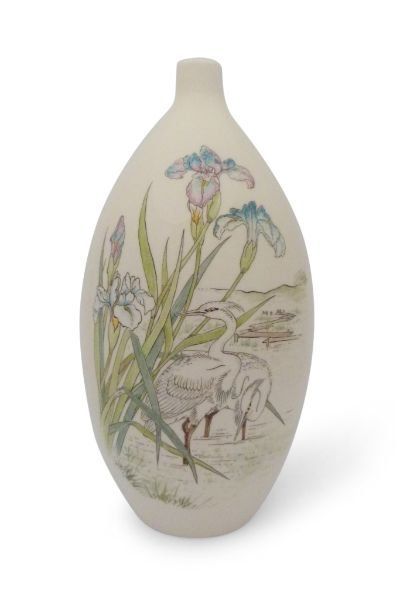 hand painted cremation urn White Heron with Japanese Iris
