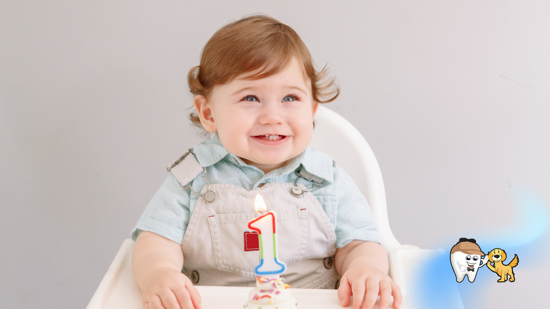 A baby is sitting in a high chair with a birthday candle.