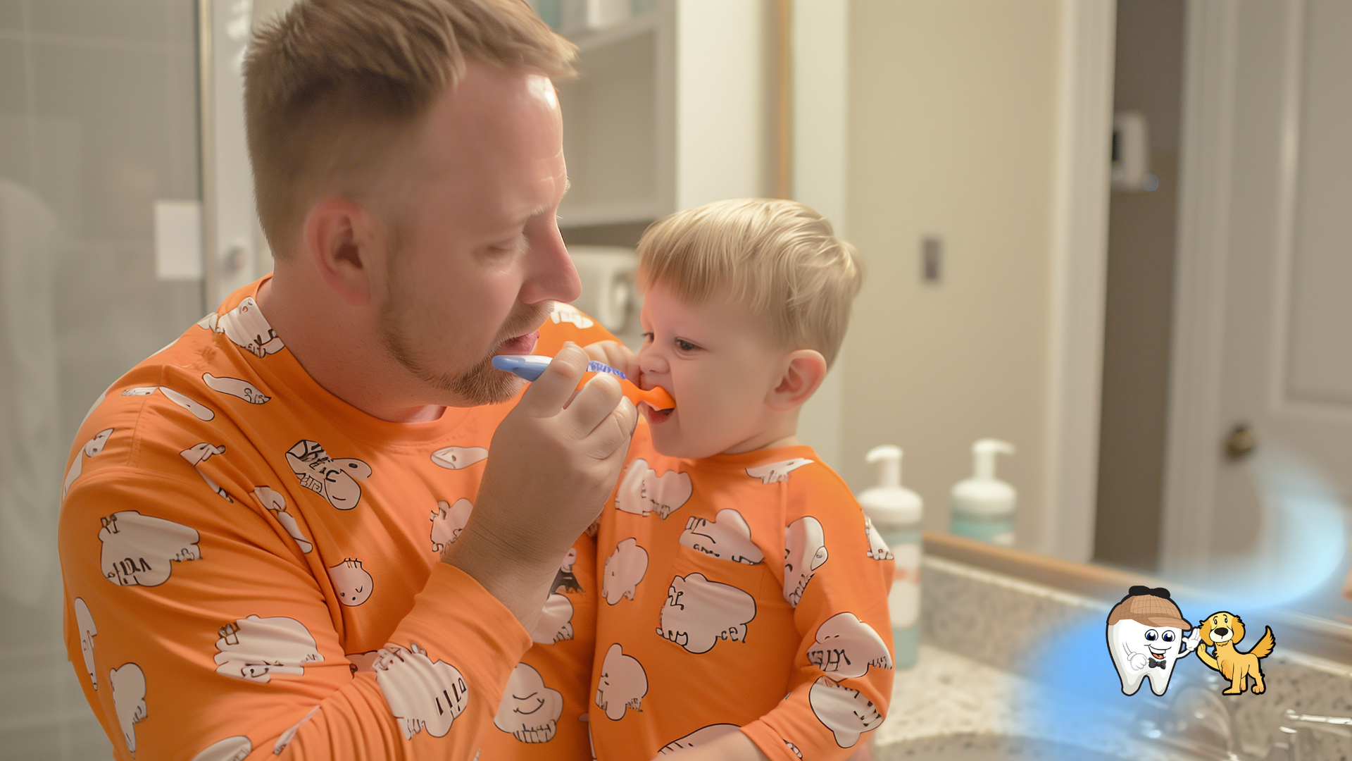 Father and child in matching orange pajamas brushing teeth together in a bathroom.