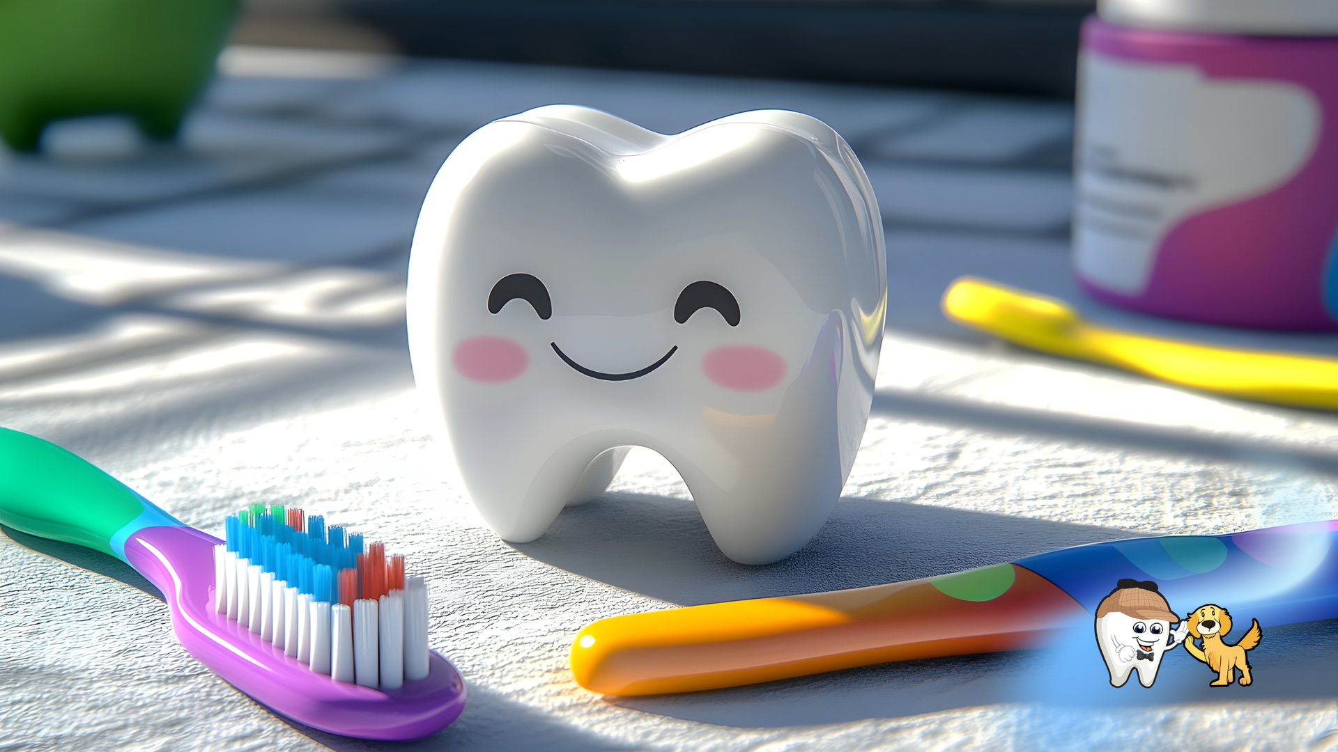 Smiling cartoon tooth with pink cheeks, surrounded by toothbrushes and toothpaste.