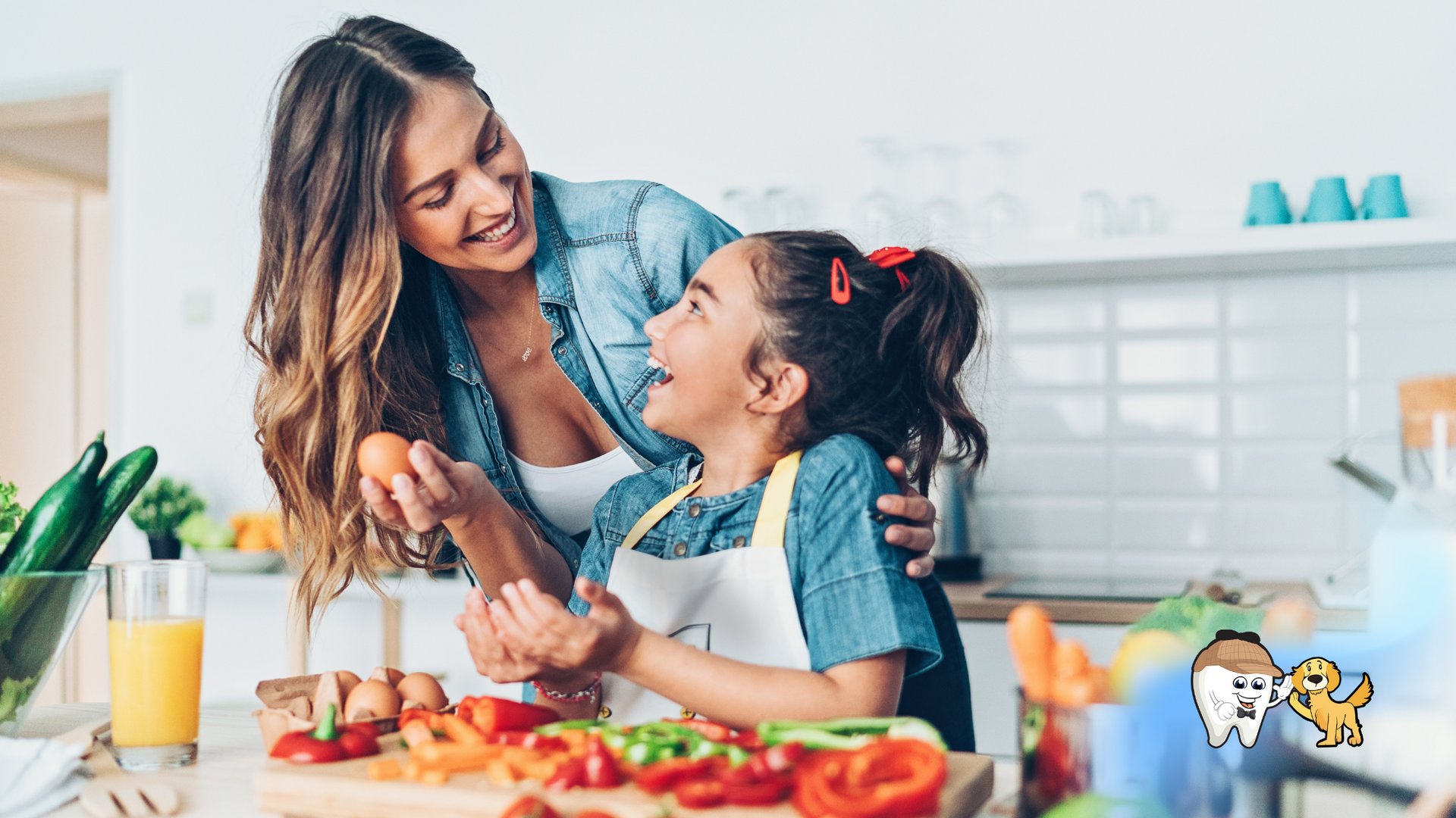 Mother and daughter in kitchen, smiling, preparing vegetables together.