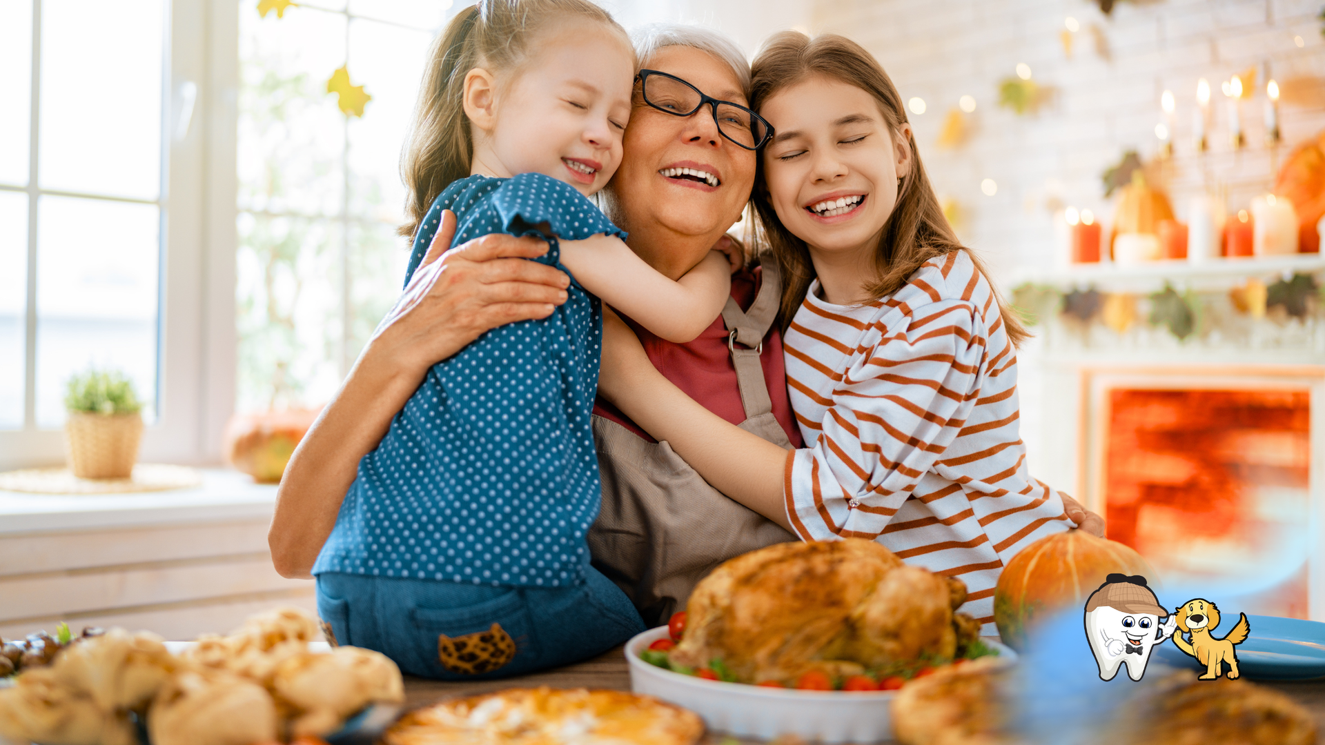 Grandmother hugs two smiling children at a Thanksgiving table with turkey, pumpkin, and decorations.