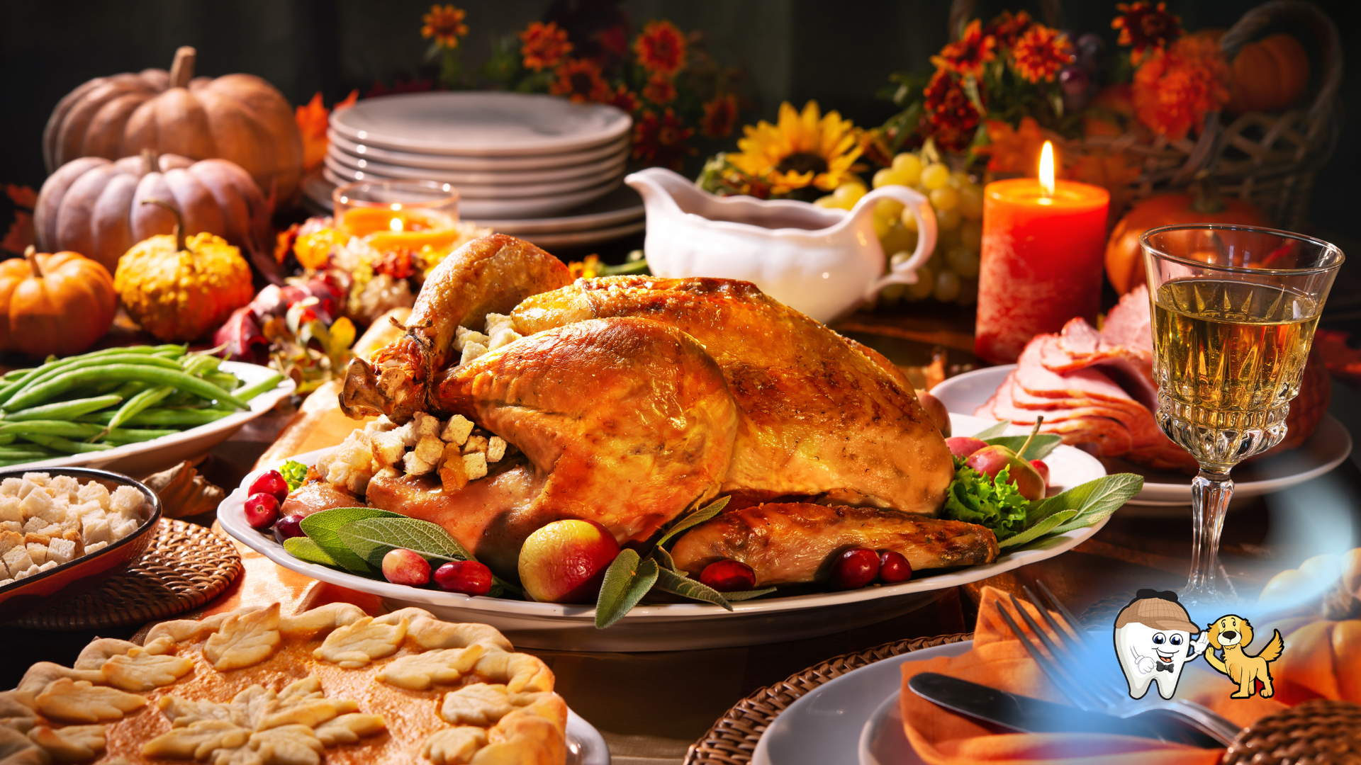 Thanksgiving feast: Roasted turkey, side dishes, pumpkin, flowers, candles on a table set for a holiday meal.