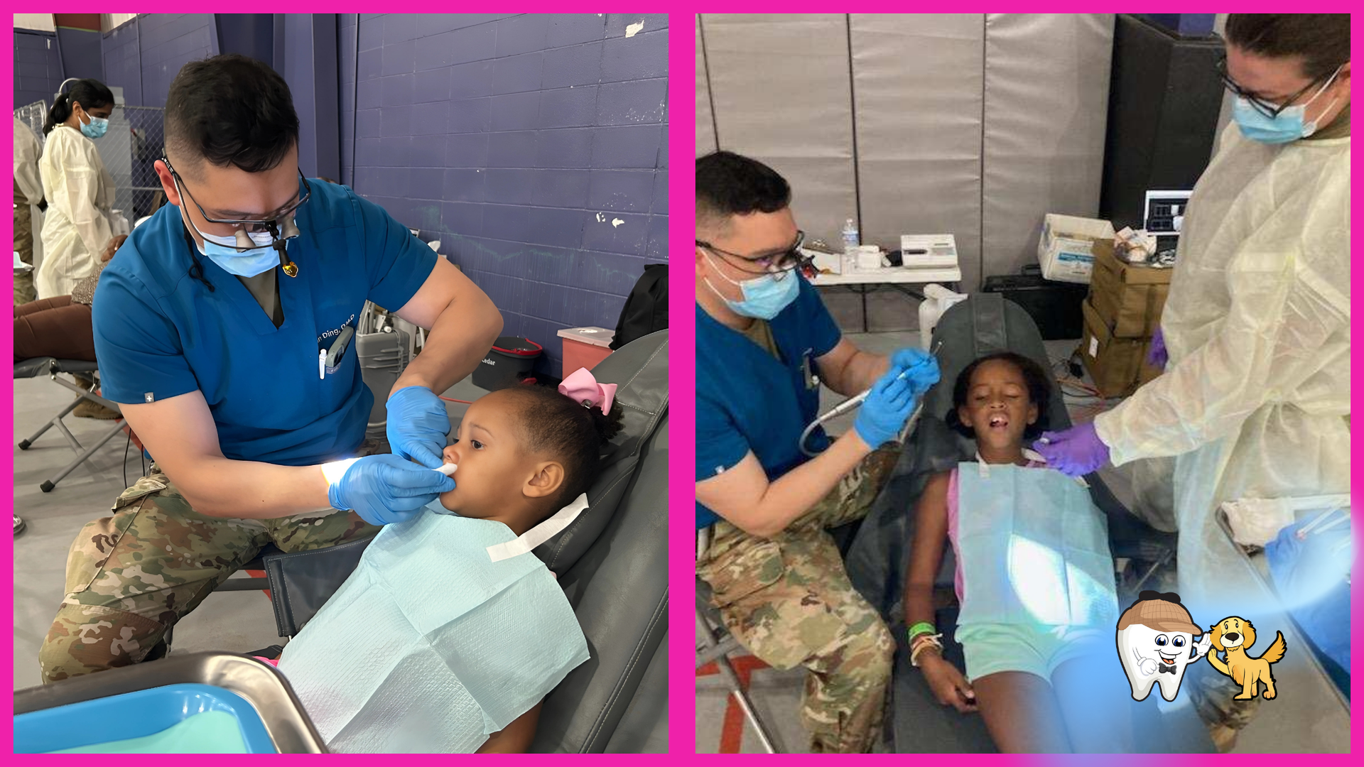A little girl is getting her teeth examined by a dentist.