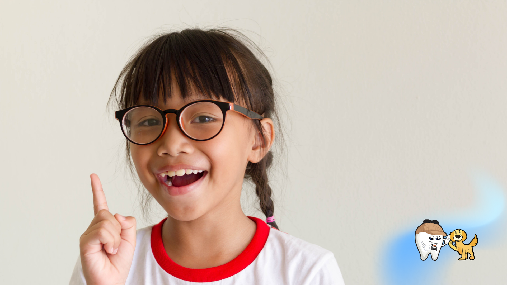 Girl with glasses points up, smiling with missing tooth; light background, cartoon tooth and dog.