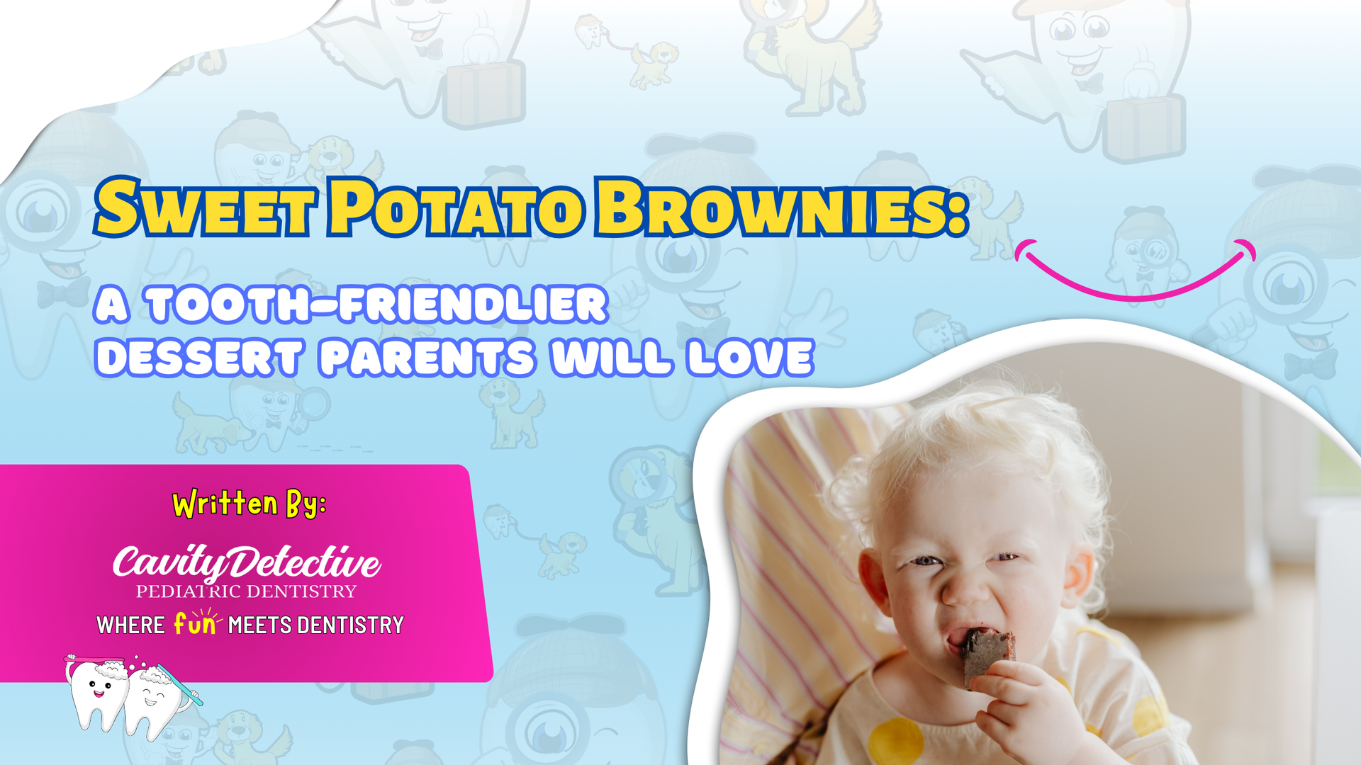 Sweet potato brownie recipe ad. A smiling child eats a brownie. Text says 