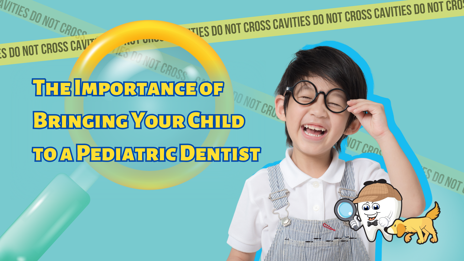 A young boy wearing glasses and overalls is smiling in front of a magnifying glass.