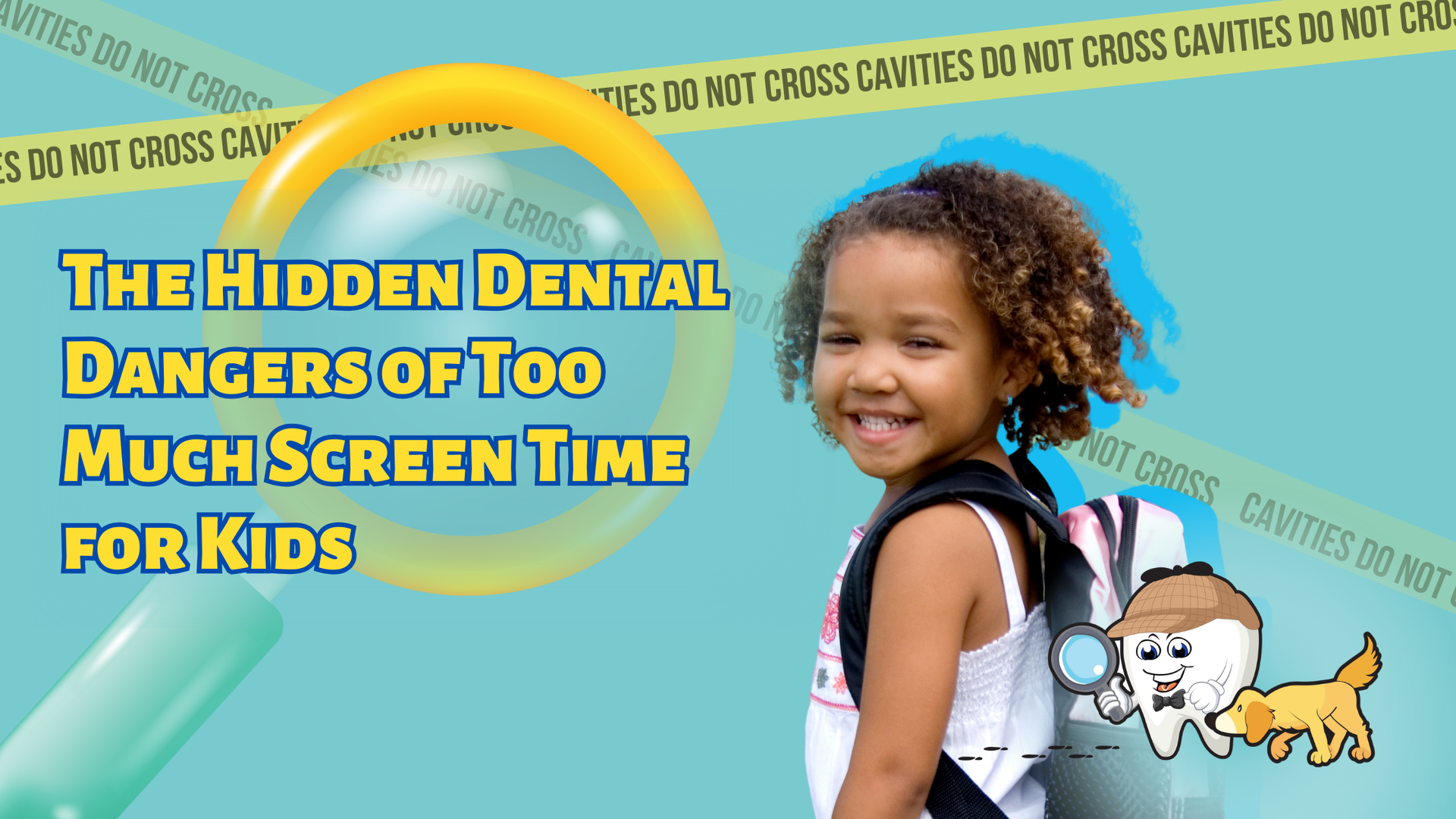 Girl with backpack smiling, magnifying glass with text 