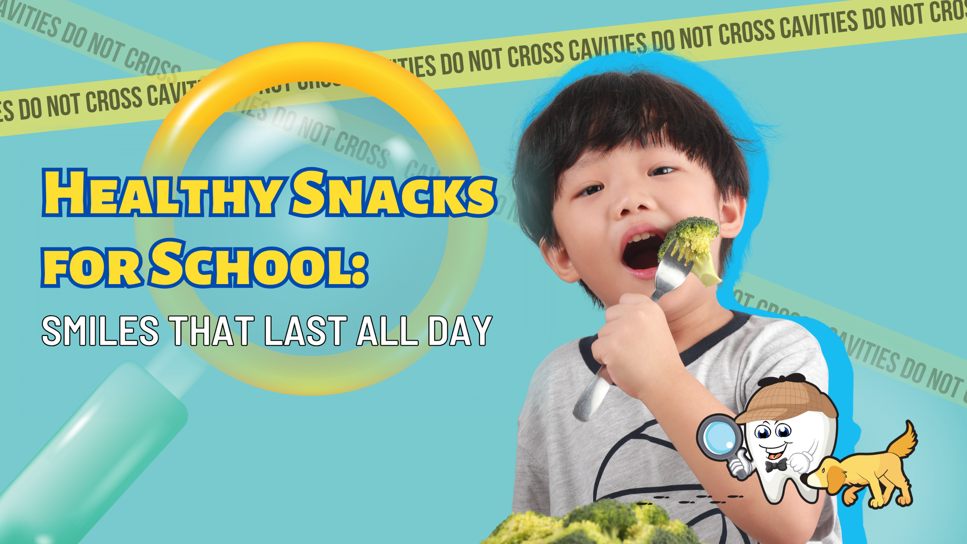 A child eating broccoli with text 