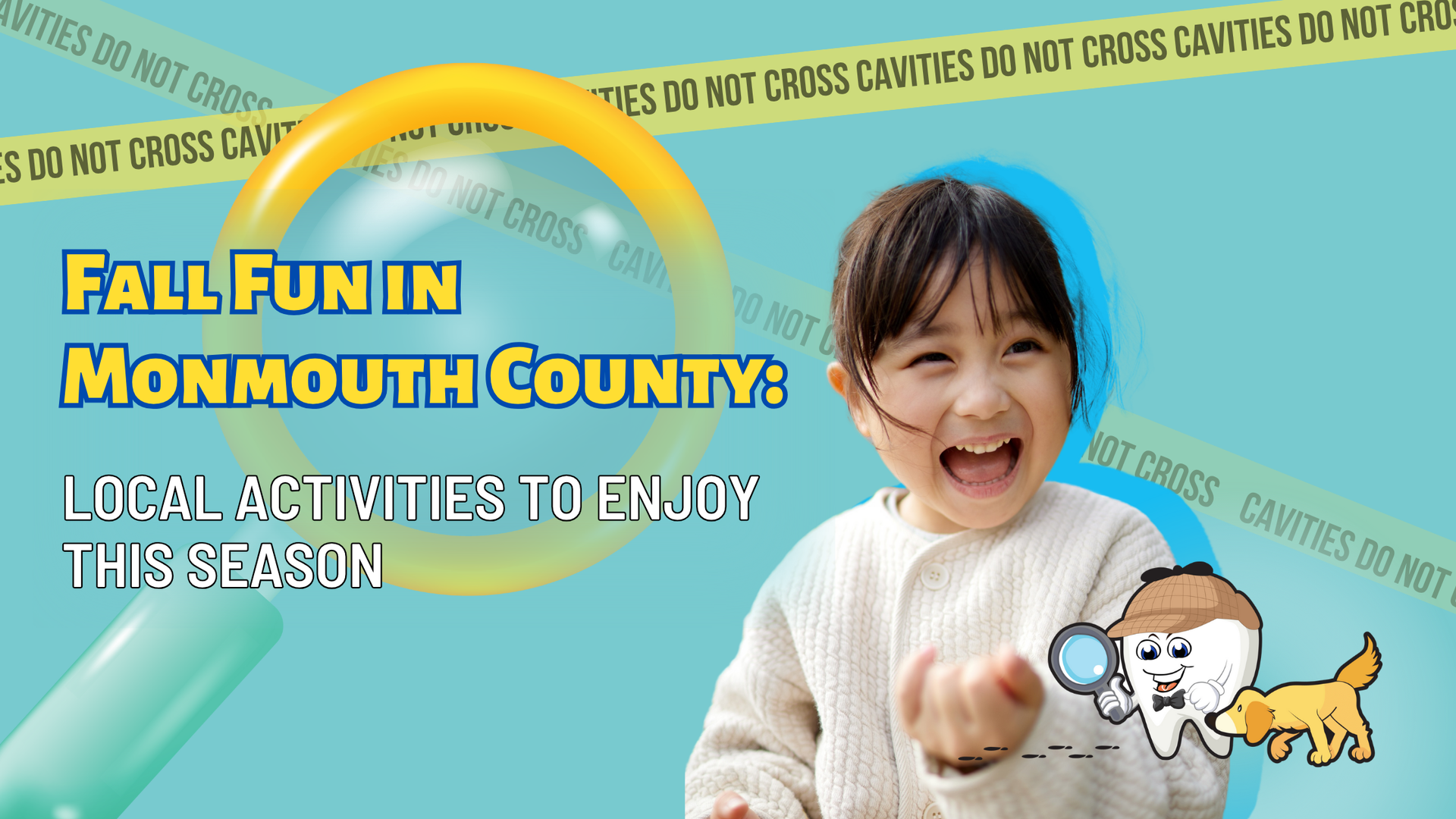 Child smiling, magnifying glass, text 