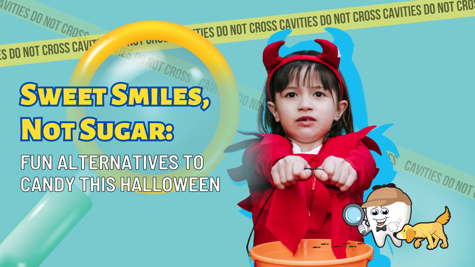 Girl in devil costume holds candy bucket, headline 