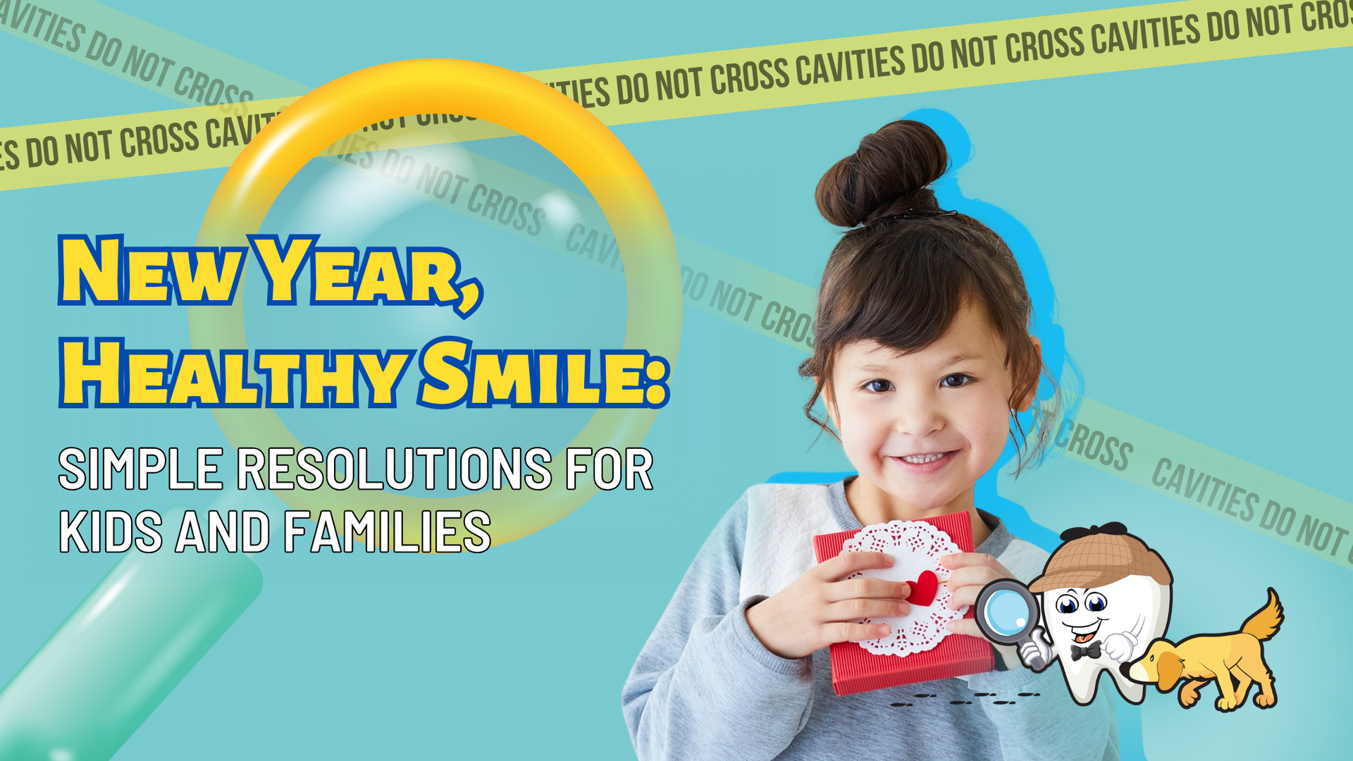 A child smiling, holding a card, with text 