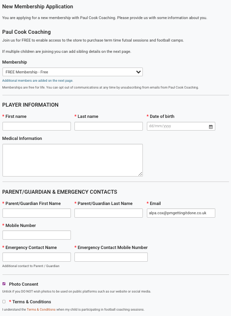 Membership application form for Paul Cook Coaching