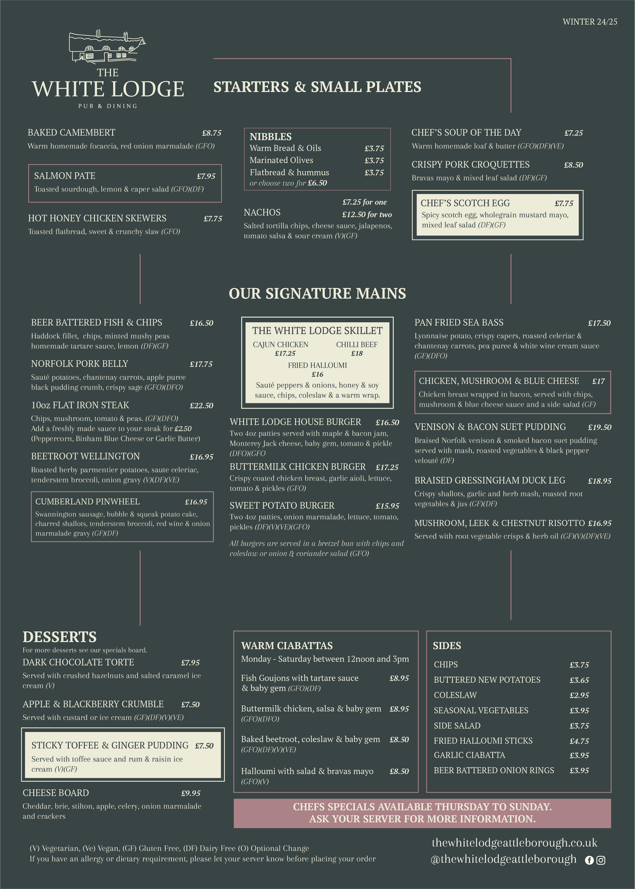 Food and Drinks Menu for The White Lodge pub in Attleborough