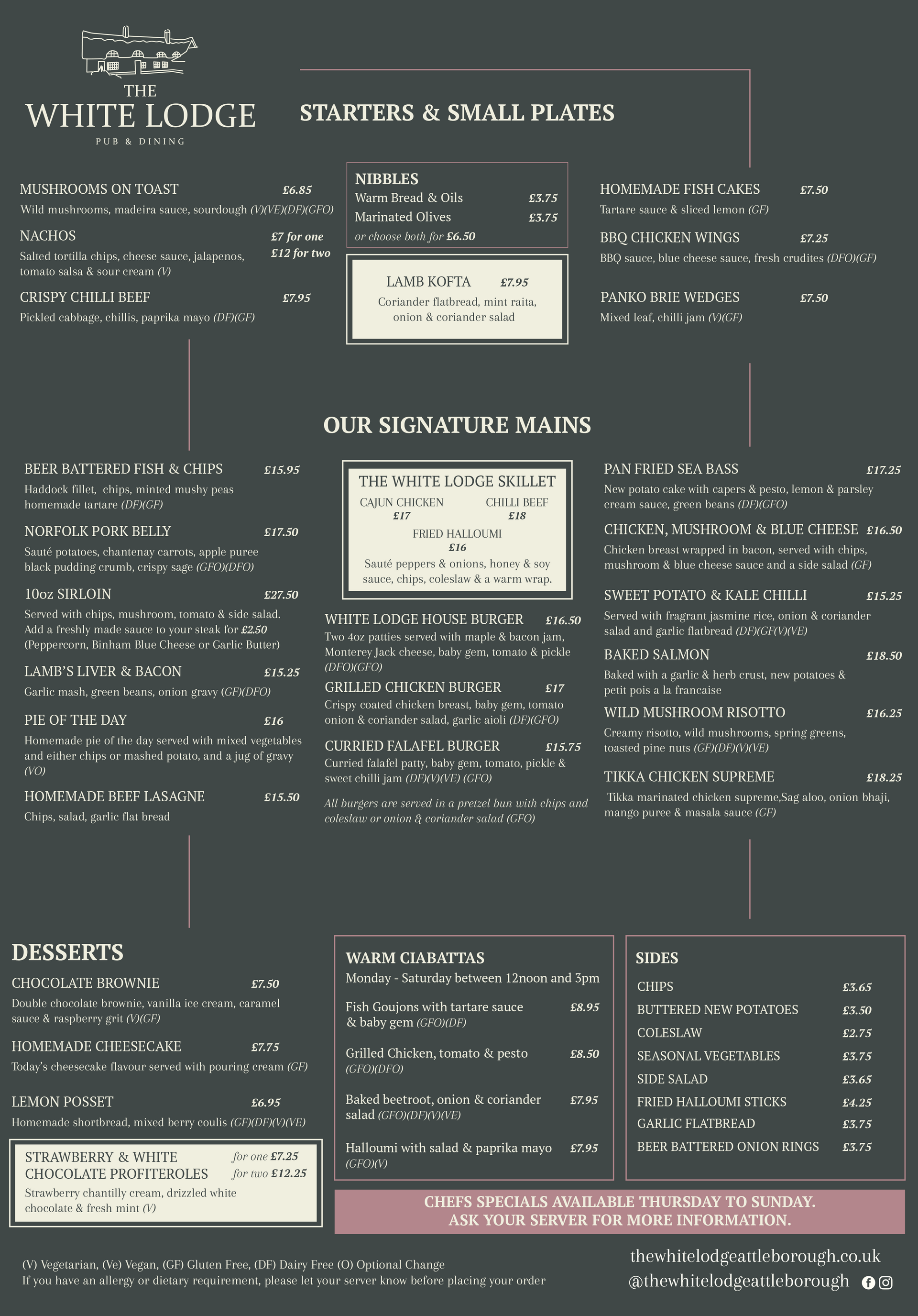 Food and Drinks Menu for The White Lodge pub in Attleborough