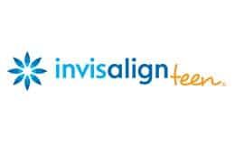 The Invisalign Teen logo is blue and orange with a flower in the middle.