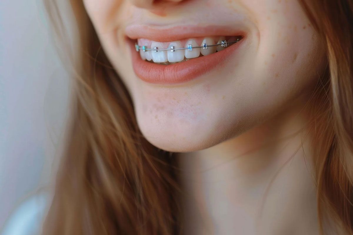 Smiling person with metal braces on teeth.