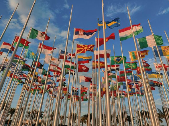 Many colorful national flags on tall poles waving against a blue sky