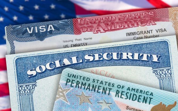 A US immigrant visa, social security card, and permanent resident card layered over a US flag background.