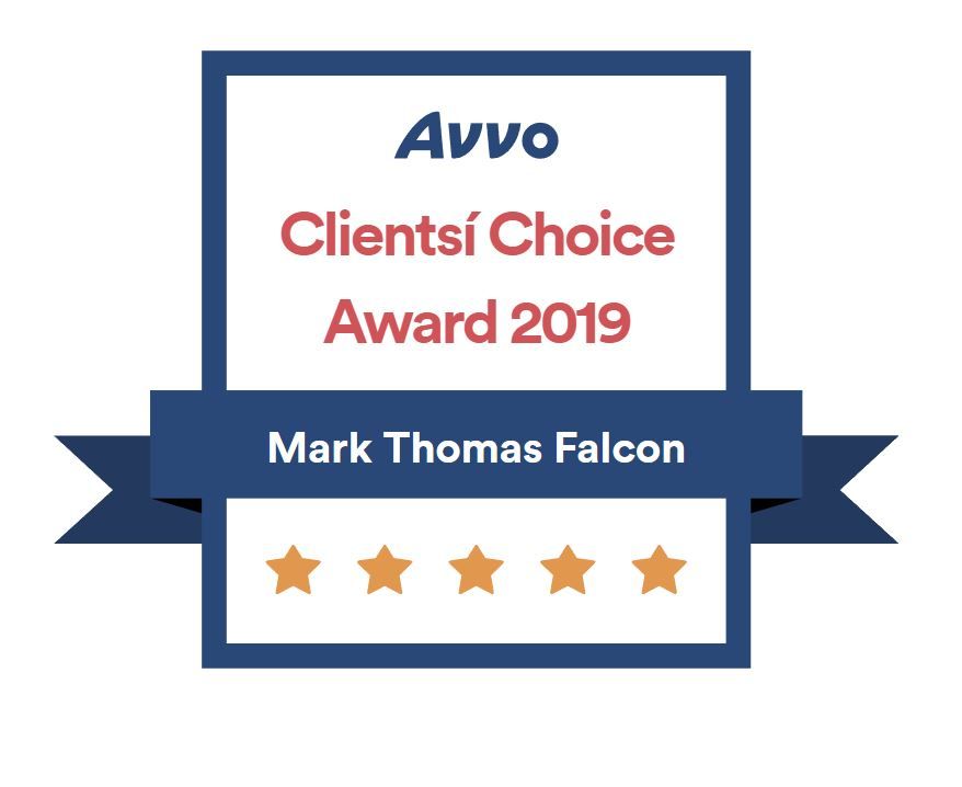A badge that says avvo clients choice award 2019 mark thomas falcon.