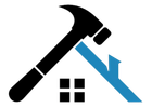 Black hammer over blue roof with small window, symbolizing home repair or construction.