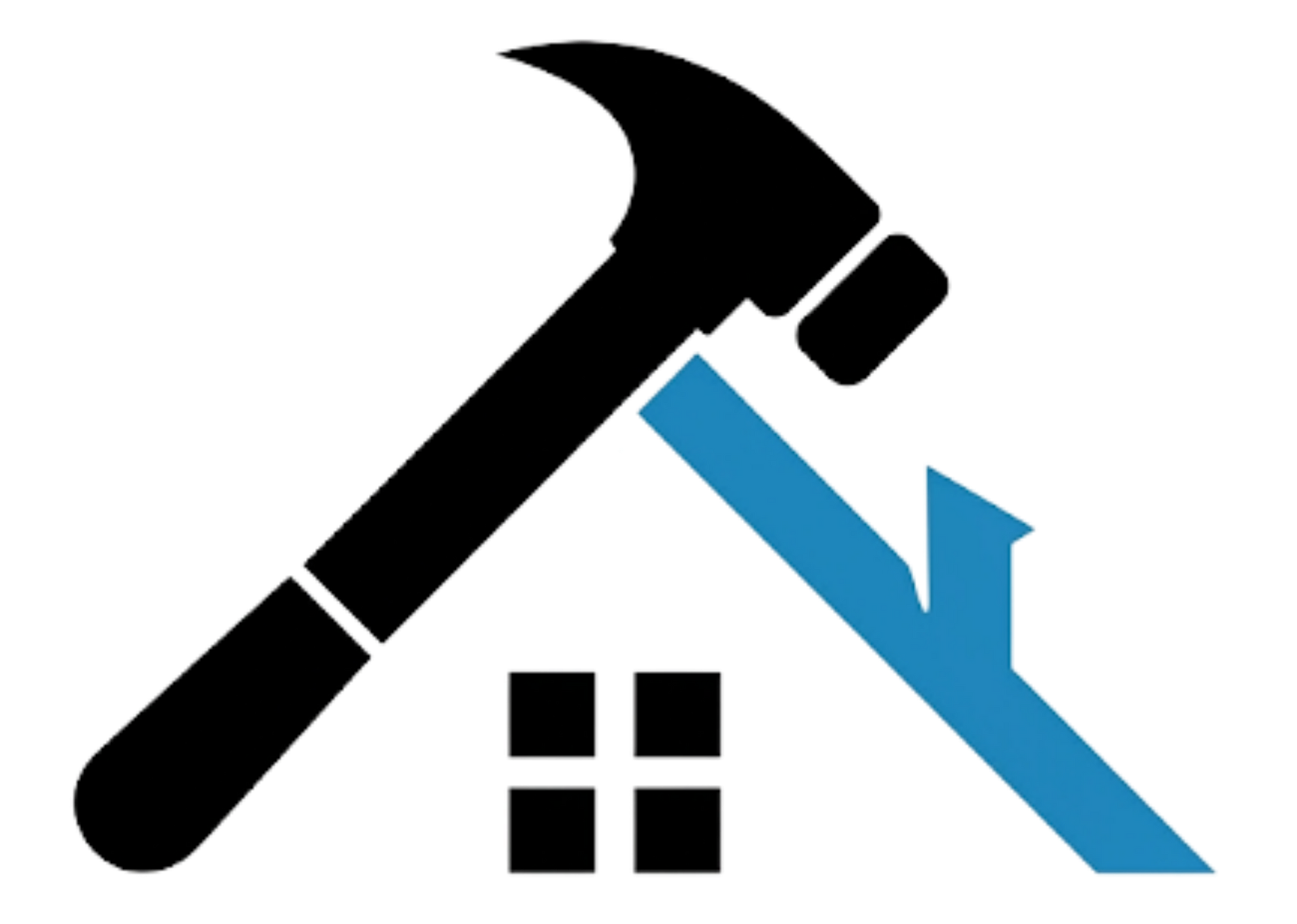 Black hammer over blue roof with small window, symbolizing home repair or construction.