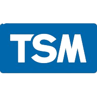 the tsm logo is blue and white on a white background 