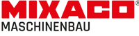 a red and white logo for mixacco maschinenbau