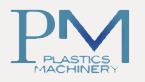 the logo for pm plastics machinery is blue and white 