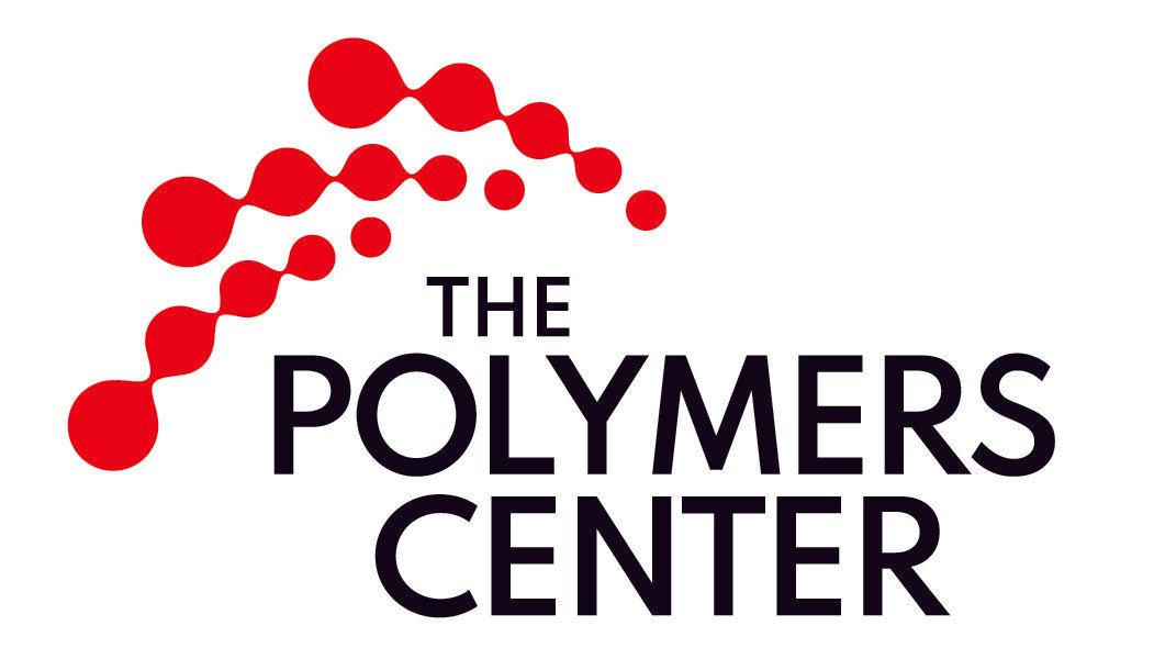 the logo for the polymers center has a red and black design