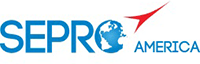 a logo for sepro america with a globe and a red arrow