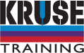 a logo for kruse training with a blue , red , and purple striped background