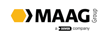 the maag group logo is yellow and black on a white background