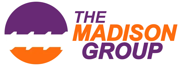 A purple and orange logo for the madison group