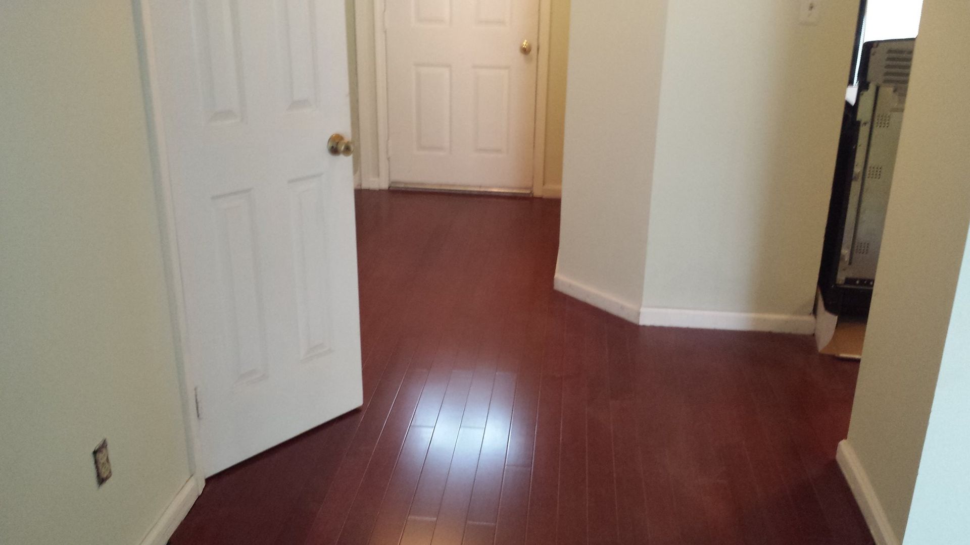 Hallway with dark wood floor, white walls, and two closed white doors.