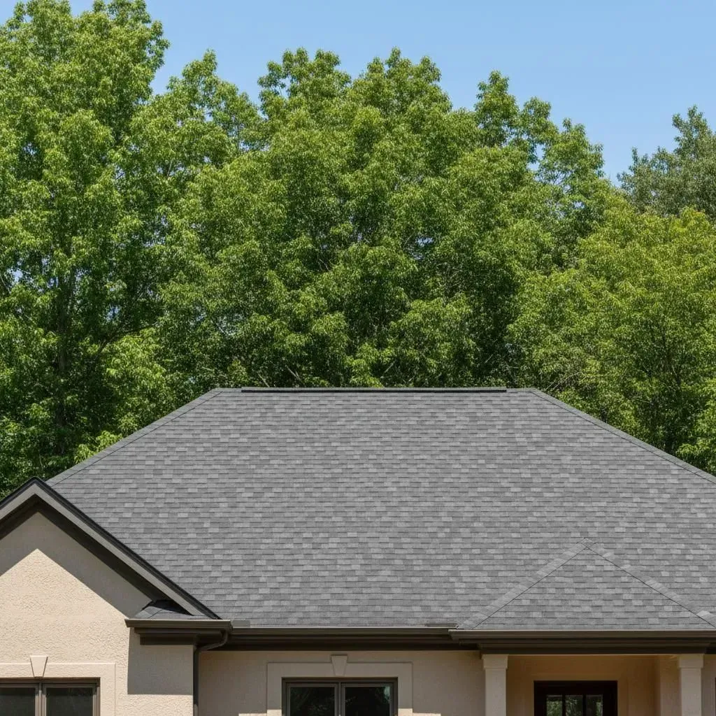 Gray shingled roof with a beige house facade, with a backdrop of green leafy trees against a blue sky.