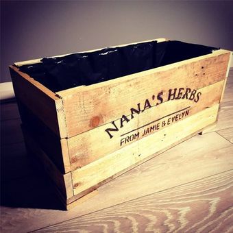 rustic wooden planter with personalised writing