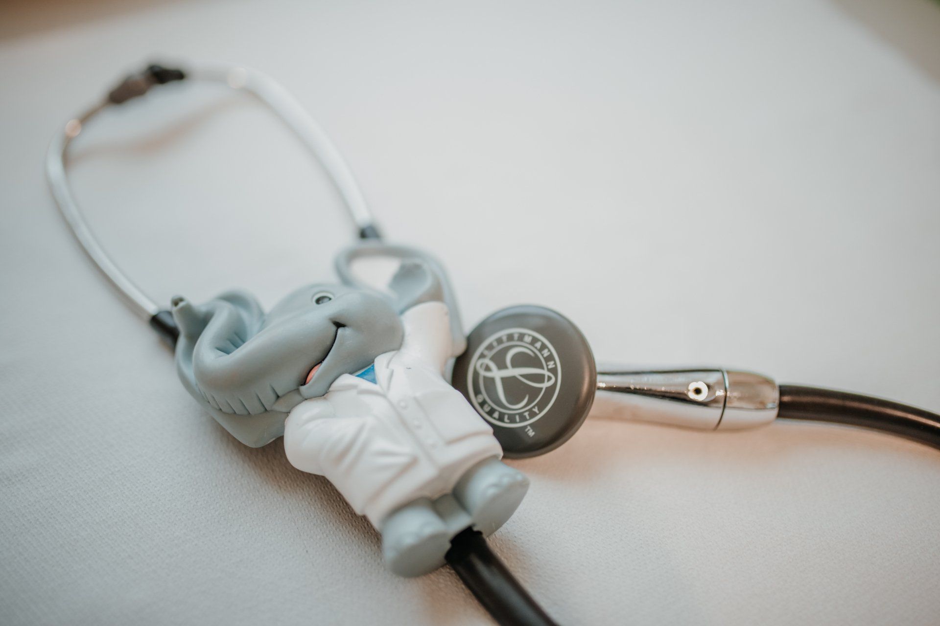 Ein Stethoskop mit einem daran befestigten Spielzeugelefanten.