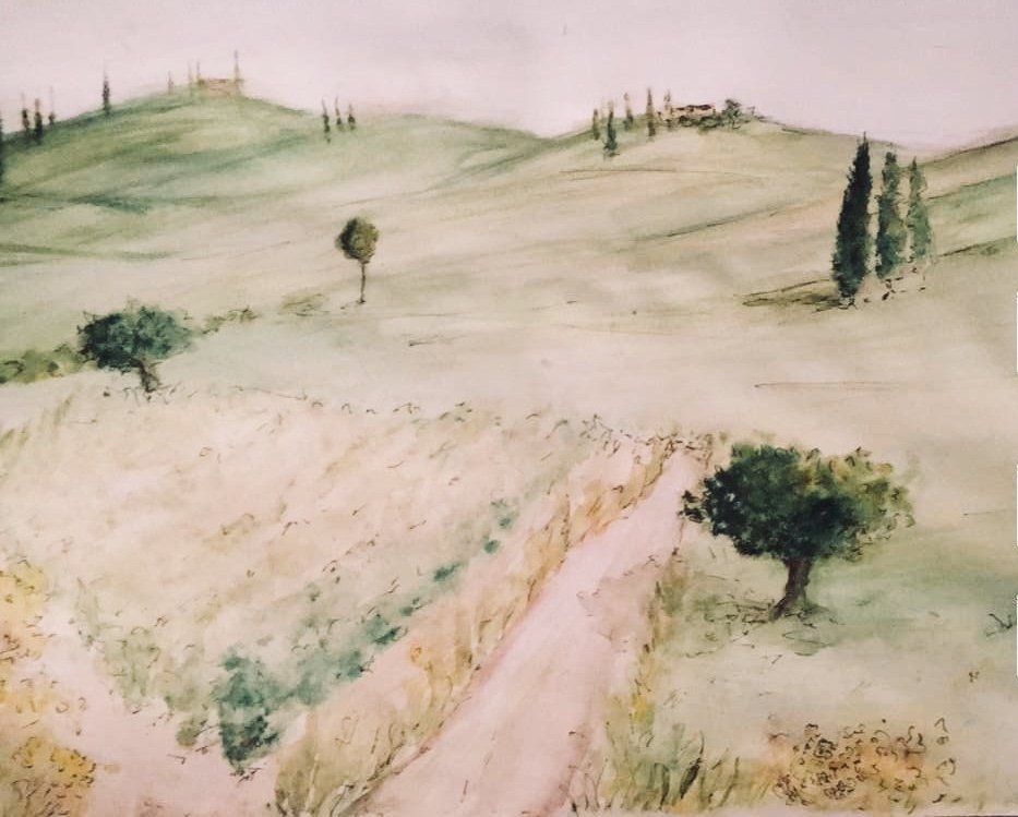 Ein Gemälde einer Landschaft mit Bäumen und Hügeln