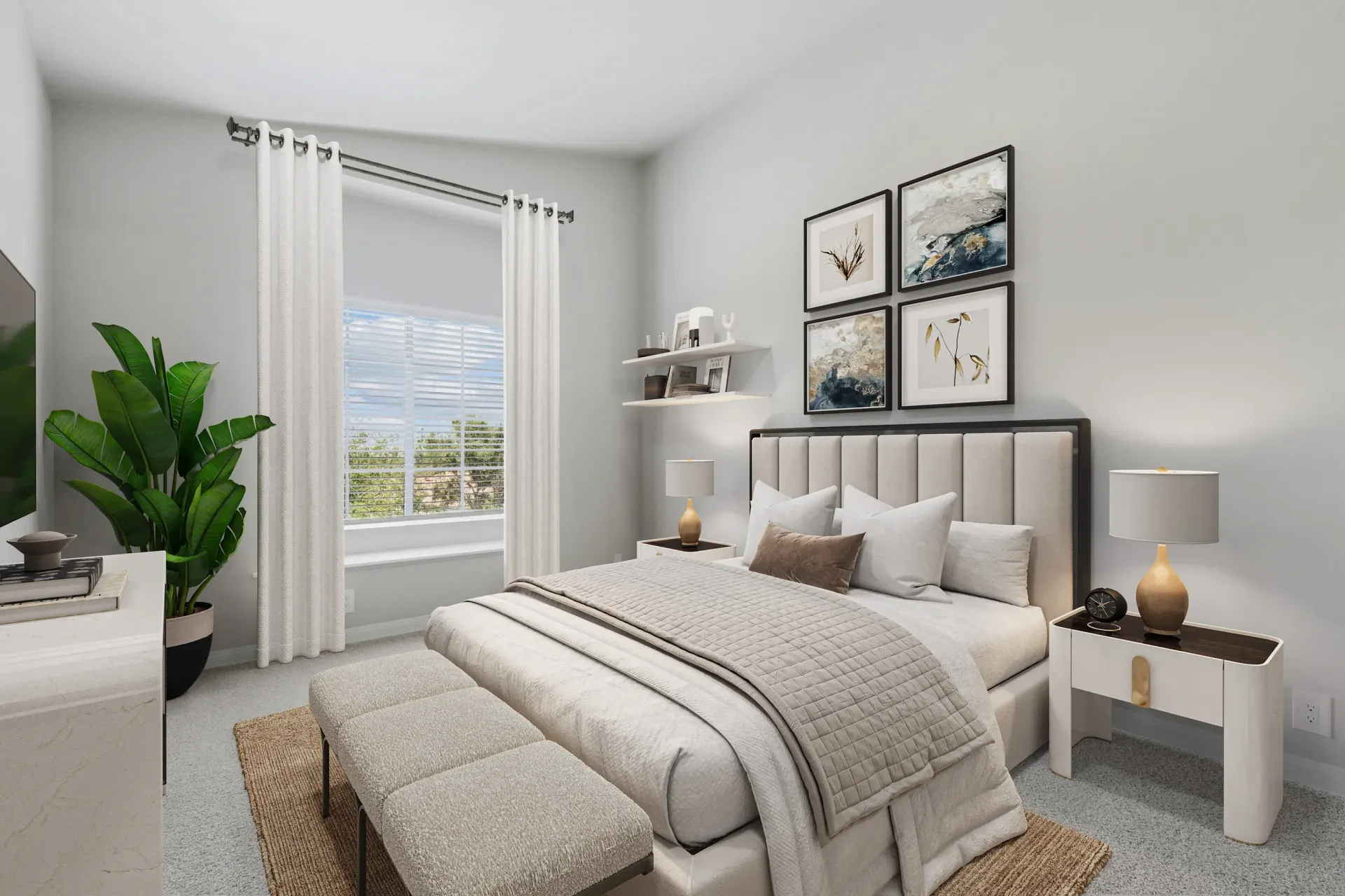 Bedroom in a modern apartment with a large window, white curtains, and neutral decor.